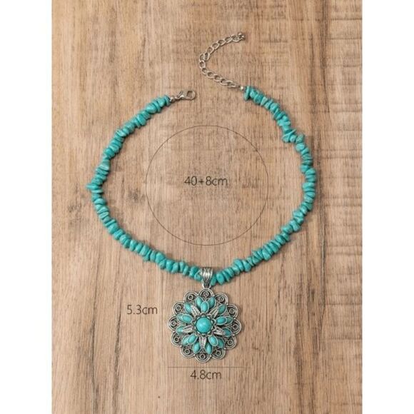 Silver Turquoise Flower Western Pendant Necklace - Picture 3 of 5